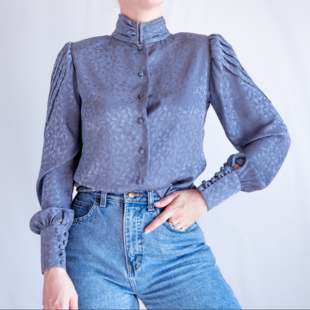 Vintage 70’s Gray Metallic High Neck Blouse XS